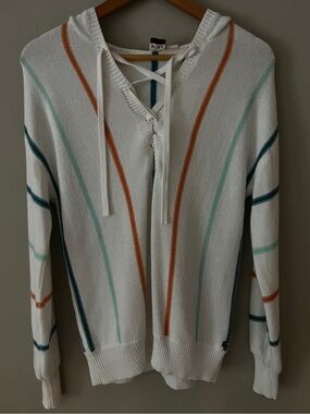 Roxy White Lace-Up Hooded Sweater with Orange and Teal Stripes oversized